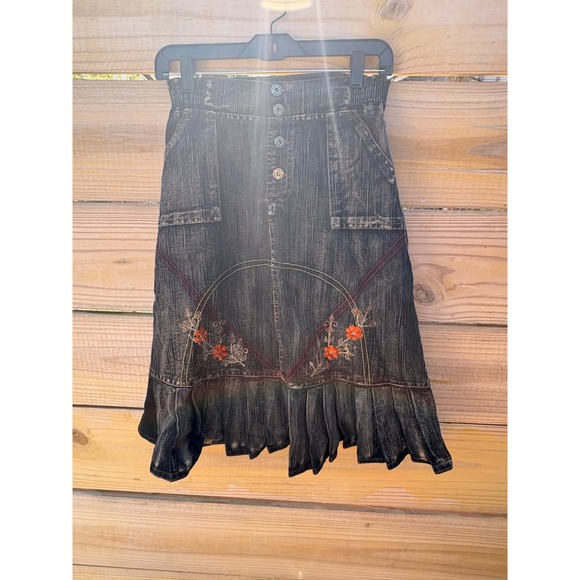Jeans Wear Dresses & Skirts - y2k Jeans Wear Dark Embroidered Floral Denim Midi Skirt Ruffle Hem Boho Y2K 24W